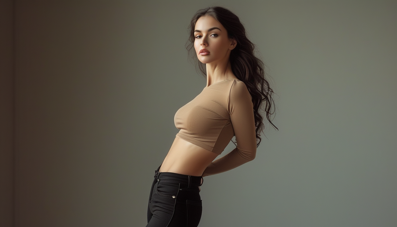 A woman in flattering bootcut pants with a long leg line